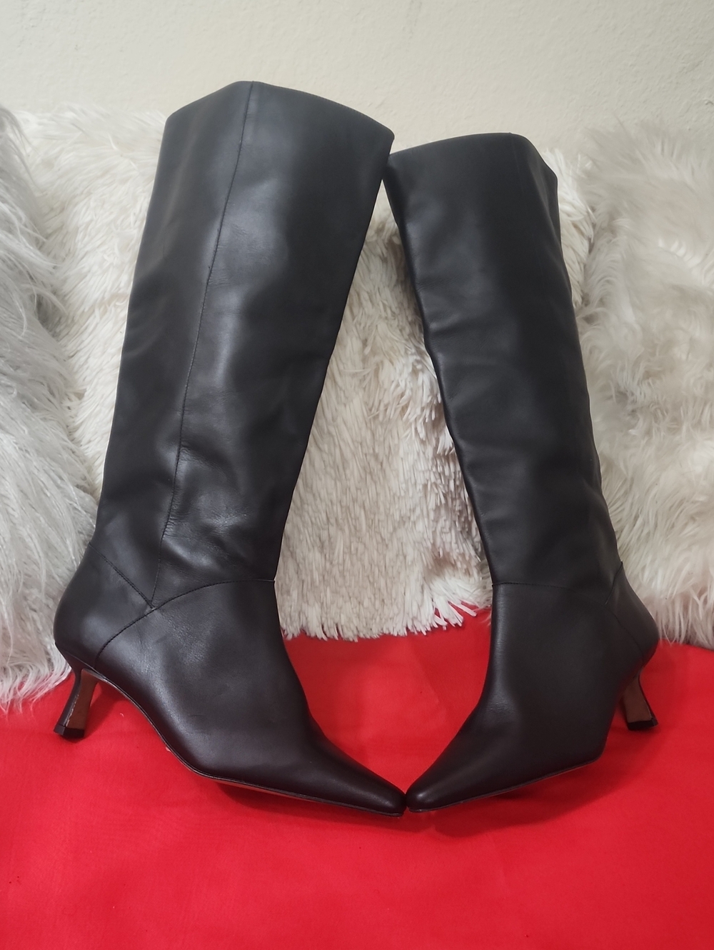 Anthropologie Black Pointed-Toe Knee-High Leather Boots